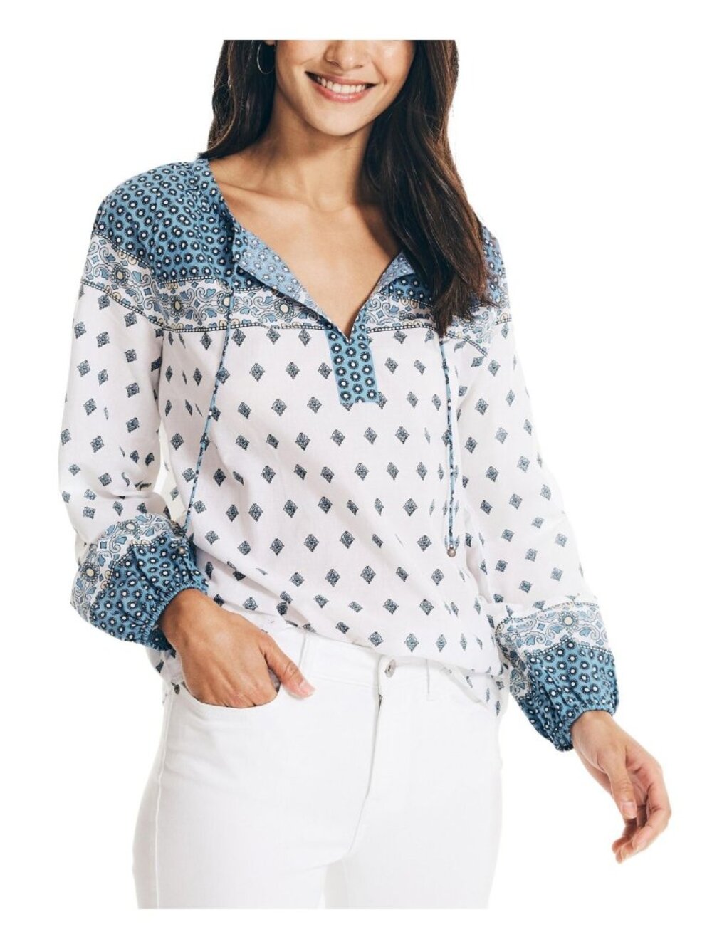 Nautica Women Printed Wood Block Split Tie-Neck Long Sleeve Top White Size S NWT